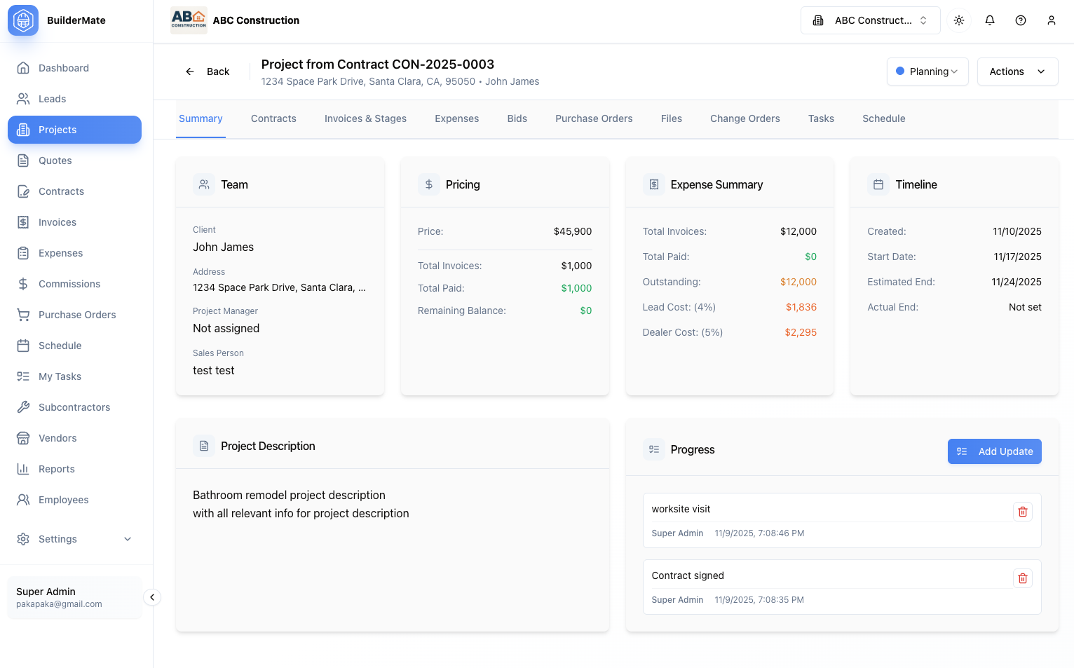 The BuilderMate dashboard, showing the project pipeline, schedule, and outstanding invoices